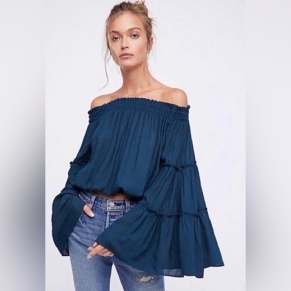 Free People Free Spirit Off The Shoulder Blue Teal Flare Sleeve Shirt Top Sze XS